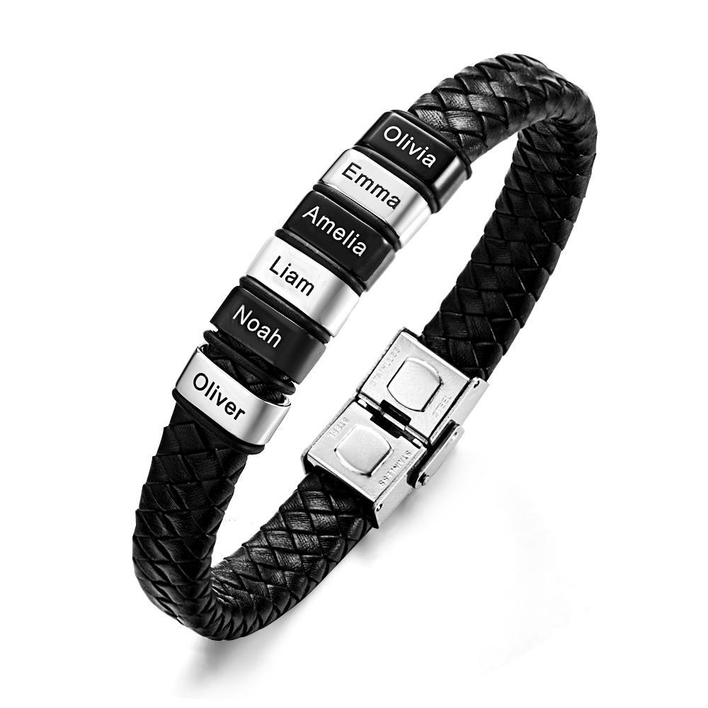 Engraved with 2-6 Names Leather and Steel Bracelets Anniversary Gift for Husband - soufeelus