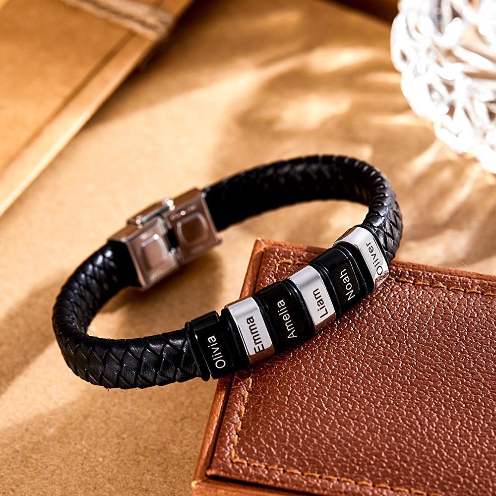 Engraved with 2-6 Names Leather and Steel Bracelets Anniversary Gift for Husband - soufeelus
