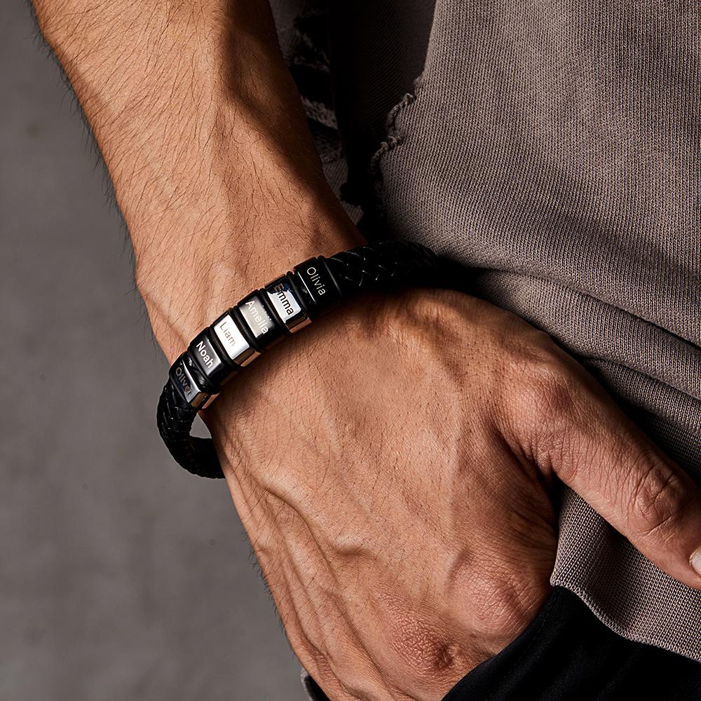 Engraved with 2-6 Names Leather and Steel Bracelets Anniversary Gift for Husband - soufeelus