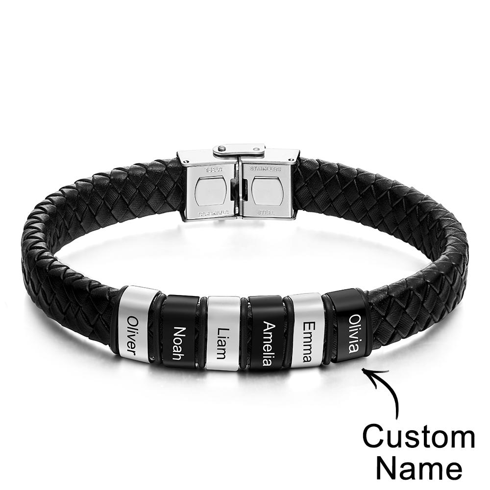 Engraved with 2-6 Names Leather and Steel Bracelets Anniversary Gift for Husband - soufeelus
