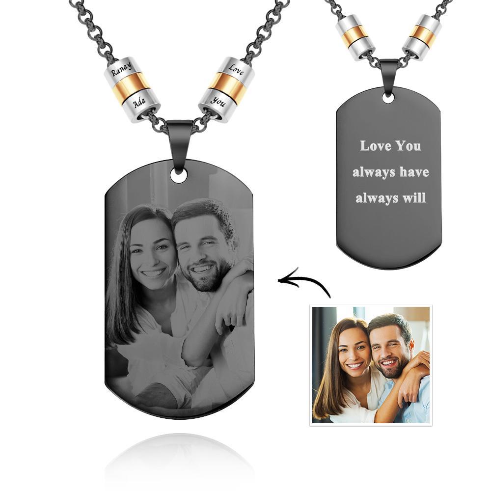 Personalized Square Photo Necklace With Engraved Beads Pendant Gifts For Lovers