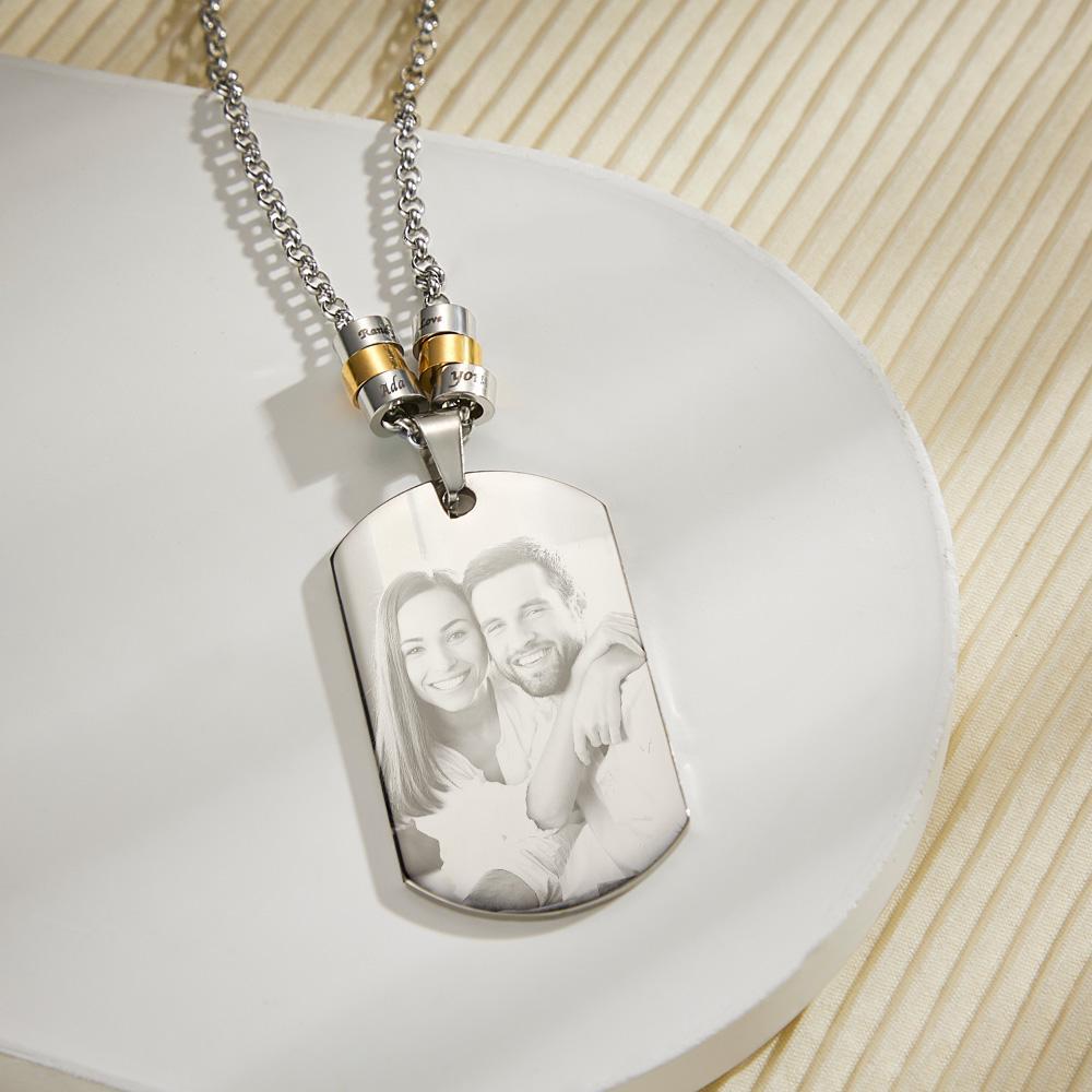 Personalized Square Photo Necklace With Engraved Beads Pendant Gifts For Lovers - soufeelus