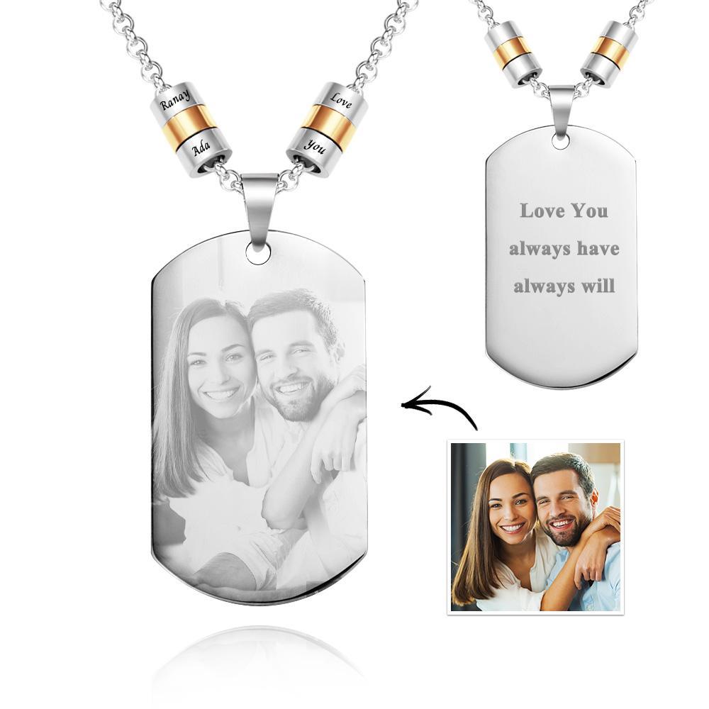 Personalized Square Photo Necklace With Engraved Beads Pendant Gifts For Lovers - soufeelus