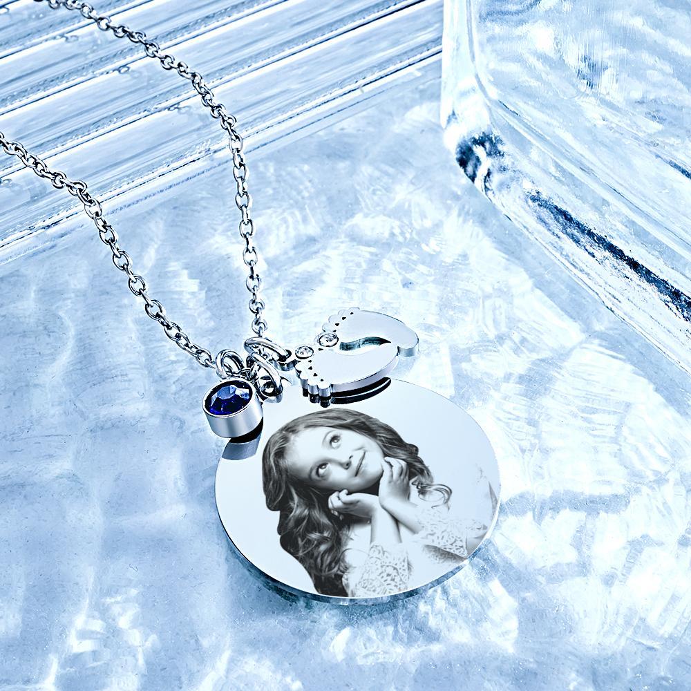 Birthstone Photo Necklace Baby Feet Newborn Engraved Pendant Memorial Gift - soufeelus