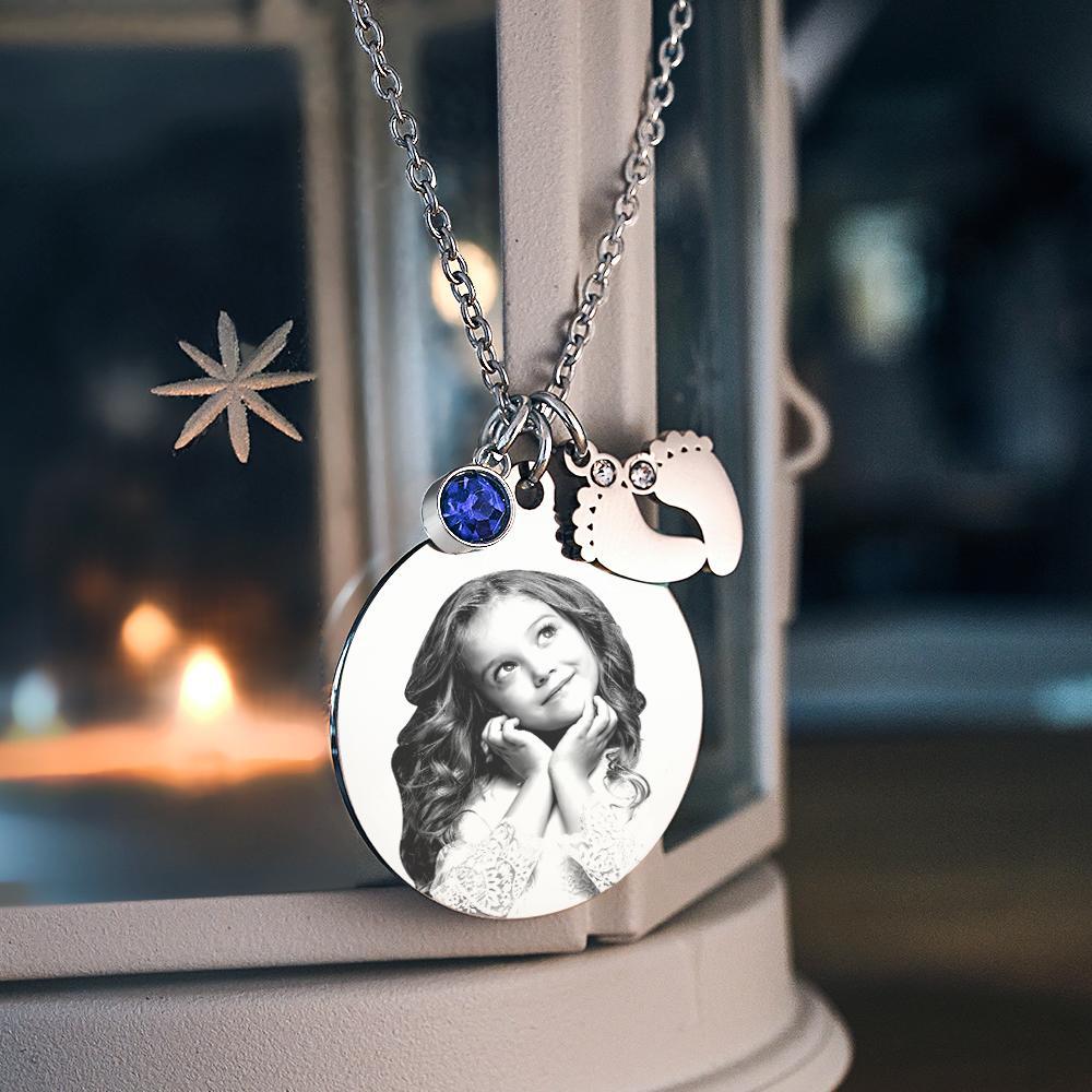 Birthstone Photo Necklace Baby Feet Newborn Engraved Pendant Memorial Gift - soufeelus