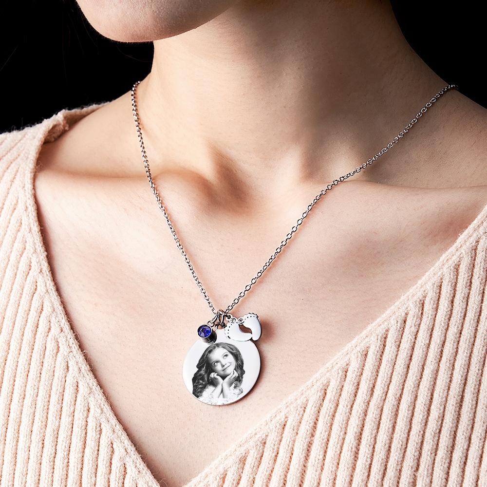 Birthstone Photo Necklace Baby Feet Newborn Engraved Pendant Memorial Gift - soufeelus