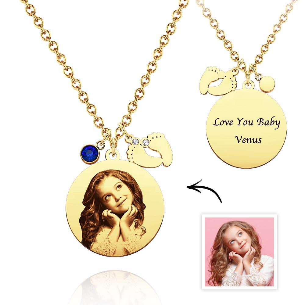 Birthstone Photo Necklace Baby Feet Newborn Engraved Pendant Memorial Gift - soufeelus