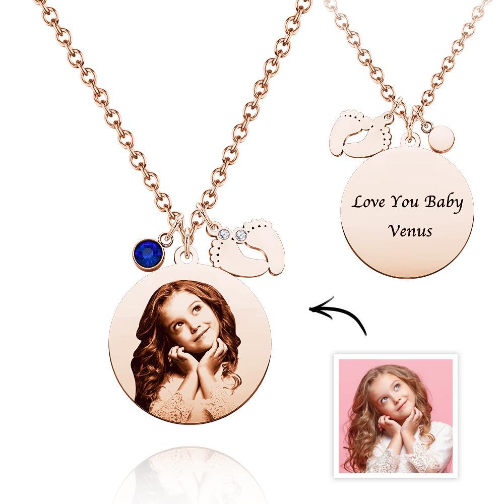 Birthstone Photo Necklace Baby Feet Newborn Engraved Pendant Memorial Gift - soufeelus