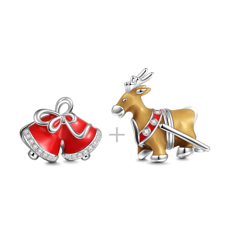 Christmas Reindeer and Bells Charm Set of 2 Silver - soufeelus