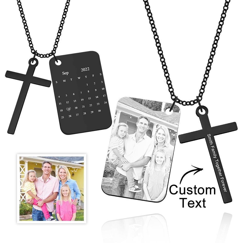 Personalized Photo Calendar Engraved Stainless Steel Cross Necklace Custom Message Pendant Father's Day Gift - soufeelus