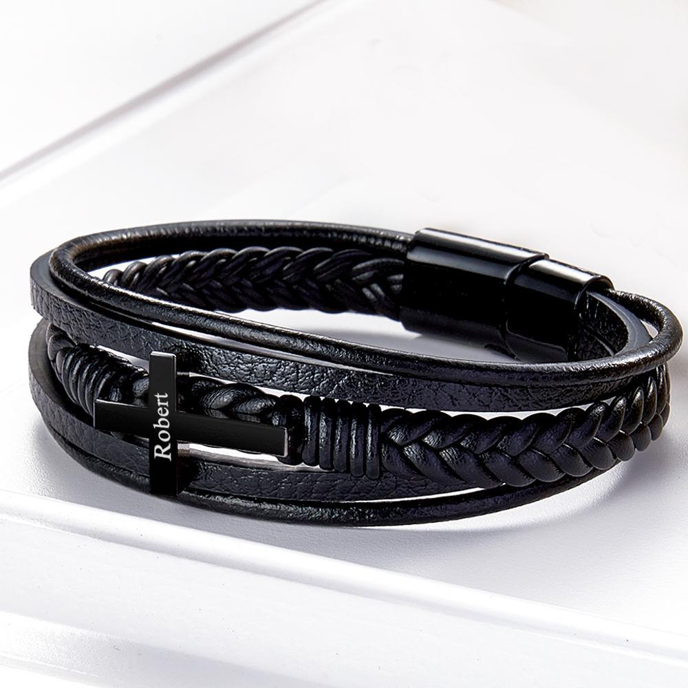 Classic Style Cross Men Bracelet Multi Layer Stainless Steel Leather Bangles for Friend Fashion Jewelry Gifts - soufeelus