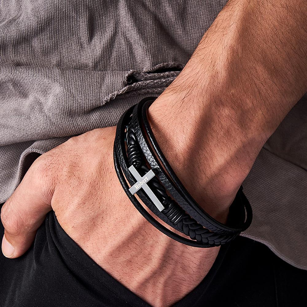 Classic Style Cross Men Bracelet Multi Layer Stainless Steel Leather Bangles for Friend Fashion Jewelry Gifts - soufeelus