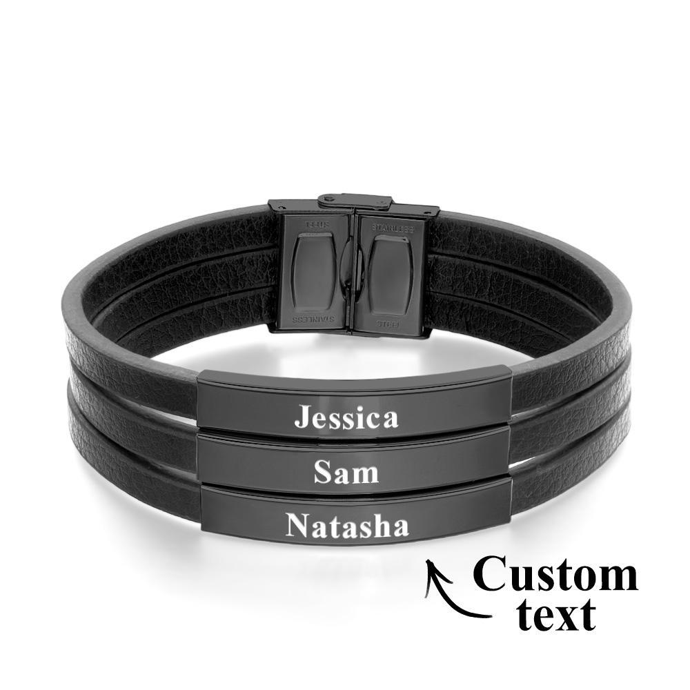 Personalized Father's Day Gift Custom 3 Names Bracelet Stainless Steel Leather Men Bracelet - soufeelus