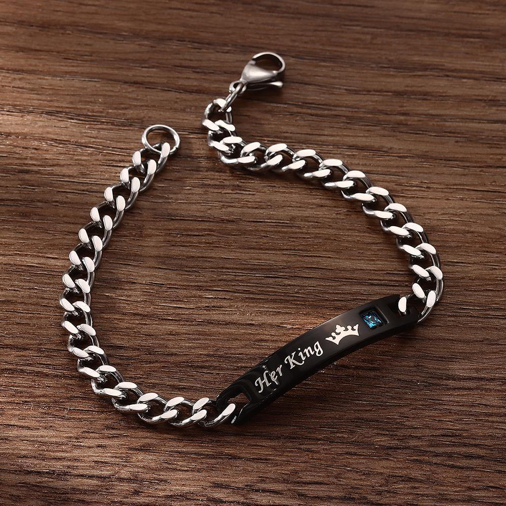 Engraved Bracelet ID Bracelet with Crown Your King for Boyfriend/Husband - soufeelus