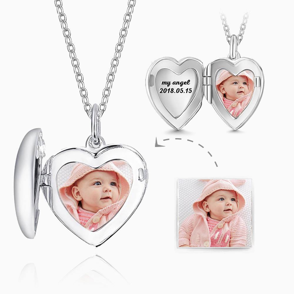 Engraved Heart Photo Locket Necklace Silver