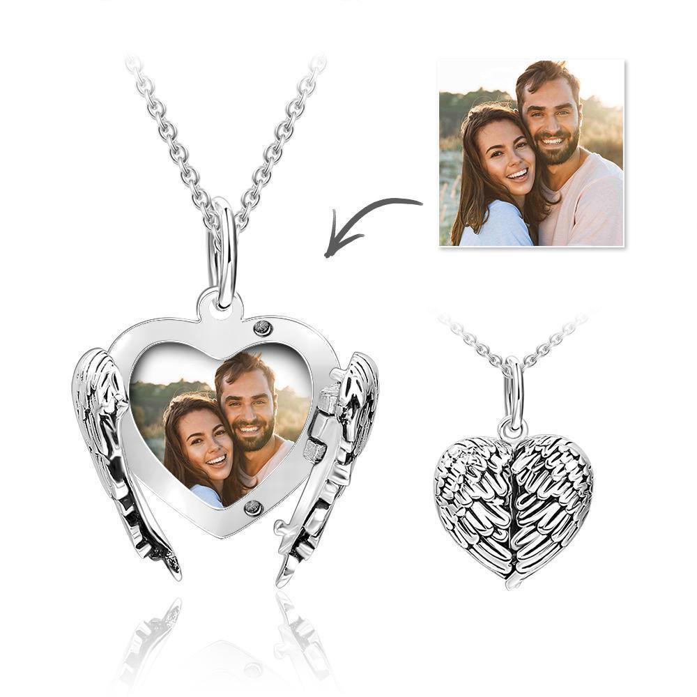 Engravable Photo Locket Necklace Personalized Heart Angel Wings - soufeelus