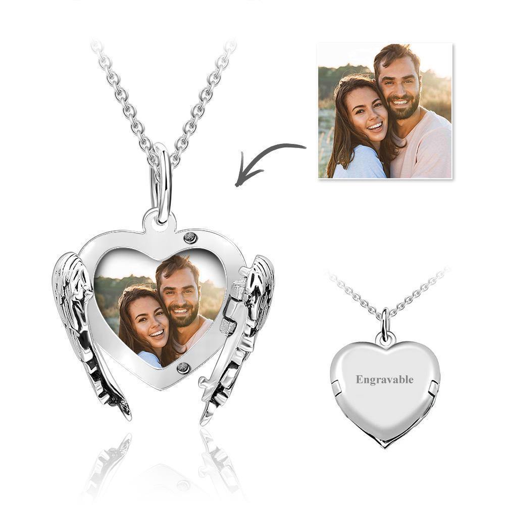 Engravable Photo Locket Necklace Personalized Heart Angel Wings Sterling Silver