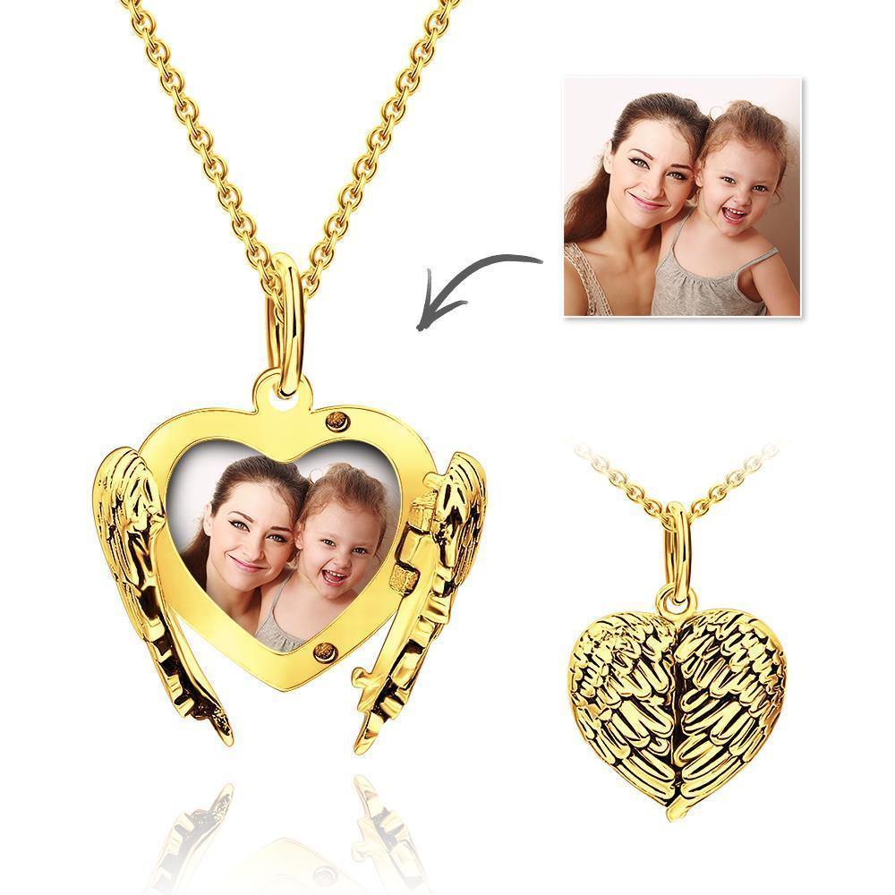 Engravable Photo Locket Necklace Heart Angel Wings for Girlfriend Gold Plated - soufeelus