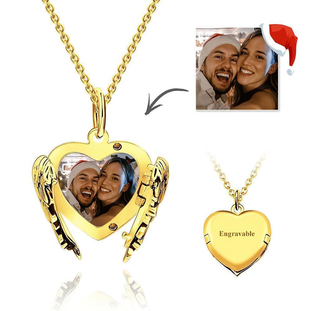 Engravable Photo Locket Necklace Heart Angel Wings Mother's Day Gifts Gold Plated Silver