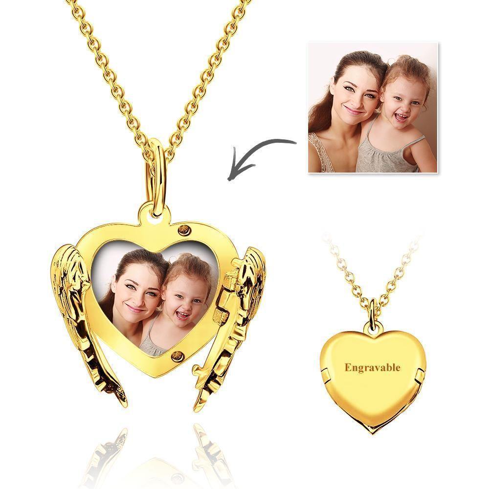 Engravable Photo Locket Necklace Personalized Heart Angel Wings Sterling Silver Gift For Mom - soufeelus
