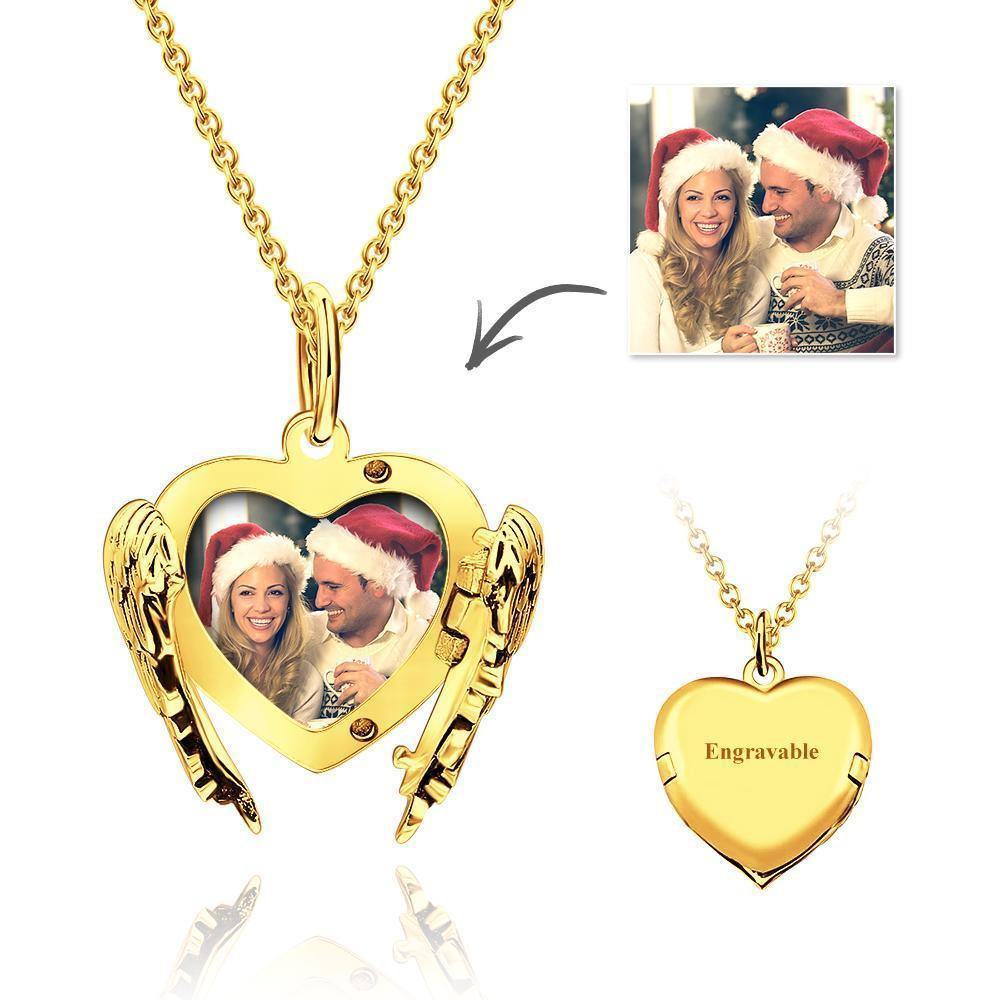 Photo Locket Necklace with Engraving Heart Angel Wings Rose Gold Plated Silver - soufeelus