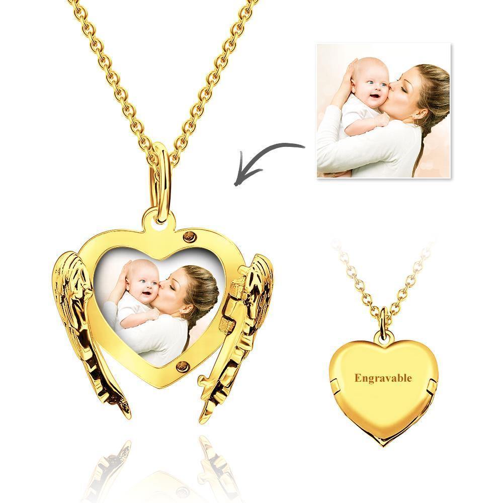 Custom Photo Locket Necklace With Engraving Heart Angel Wings Rose Gold Plated Silver For Mom - soufeelus