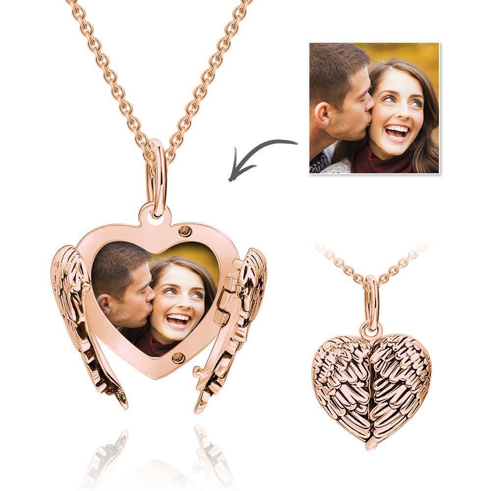 Photo Locket Necklace with Engraving Heart Angel Wings Mother's Gifts Rose Gold Plated - soufeelus