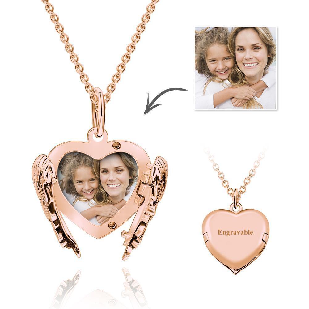 Custom Engravable Photo Locket Necklace Sterling Silver Heart Angel Wings Gifts for Mom - soufeelus