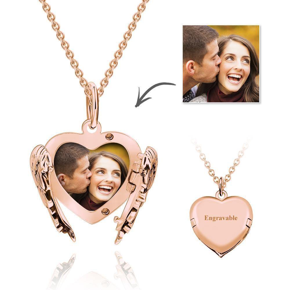 Photo Locket Necklace with Engraving Heart Angel Wings Mother's Gifts Rose Gold Plated - soufeelus