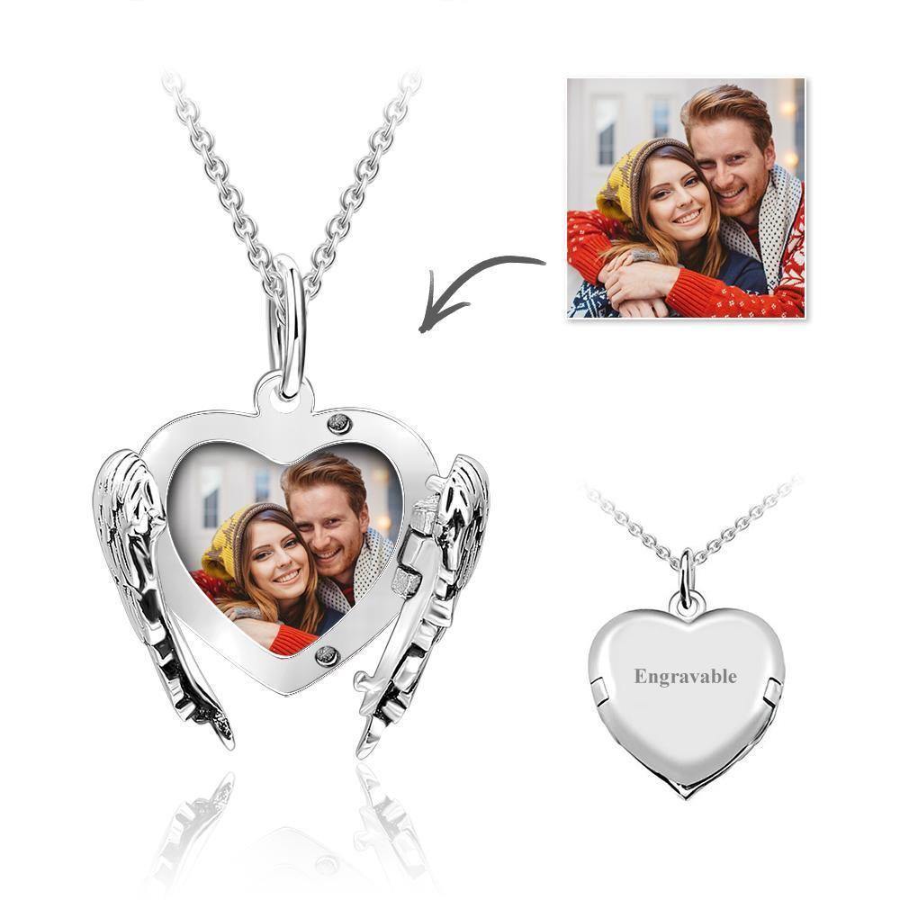 Engravable Photo Locket Necklace with Heart Angel Wings Memorial - soufeelus