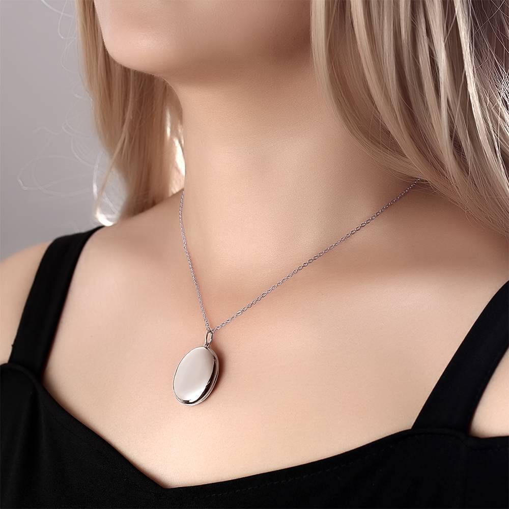 Oval Photo Locket Necklace with Engraving Platinum Plated - soufeelus