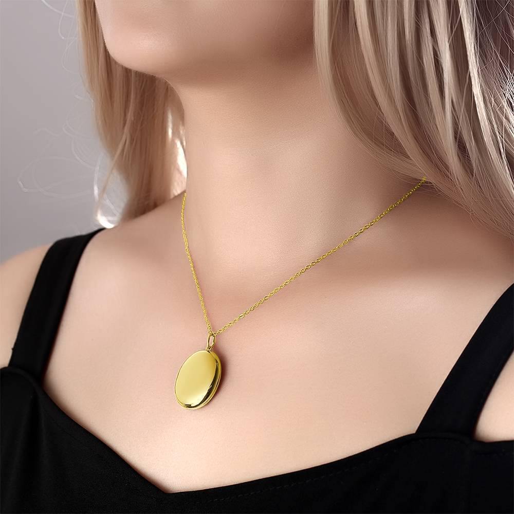 Oval Photo Locket Necklace with Engraving 14k Gold Plated - soufeelus
