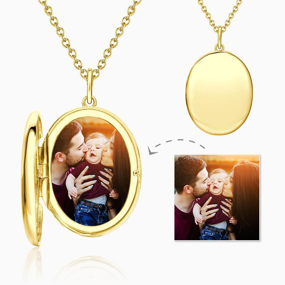 Oval Photo Locket Necklace with Engraving 14k Gold Plated - soufeelus