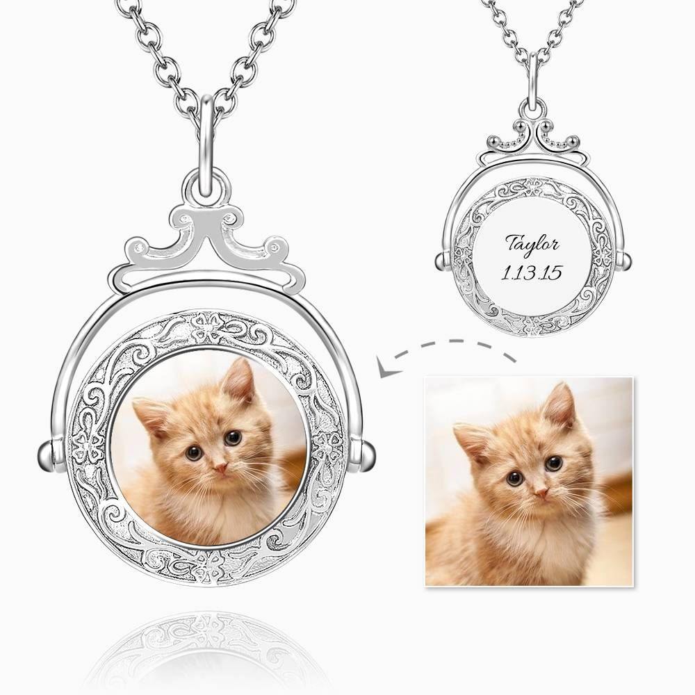 Vintage Embossed Mirror Photo Necklace Platinum Plated - soufeelus