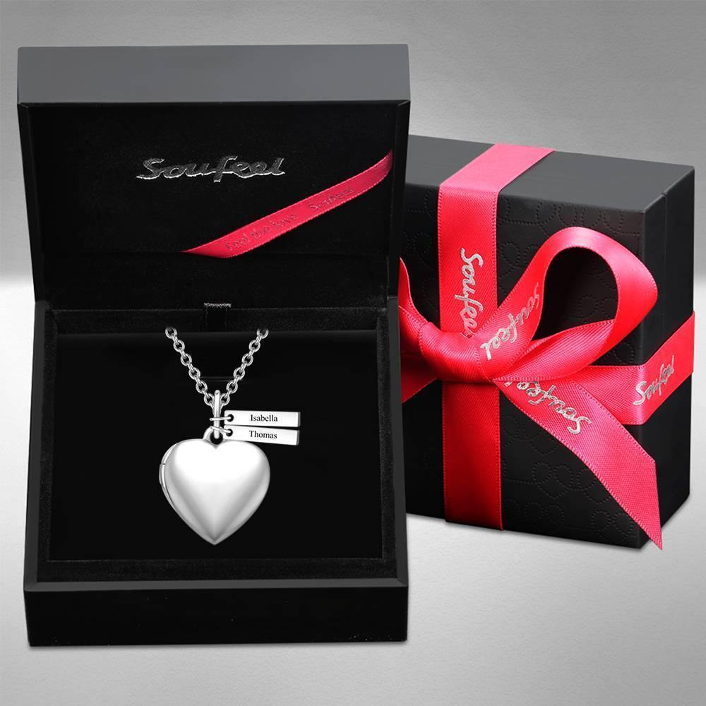 Heart Photo Locket Necklace with Two Engraved Bars Platinum Plated - soufeelus