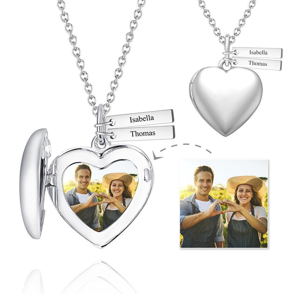 Heart Photo Locket Necklace with Two Engraved Bars 14k Gold Plated - soufeelus
