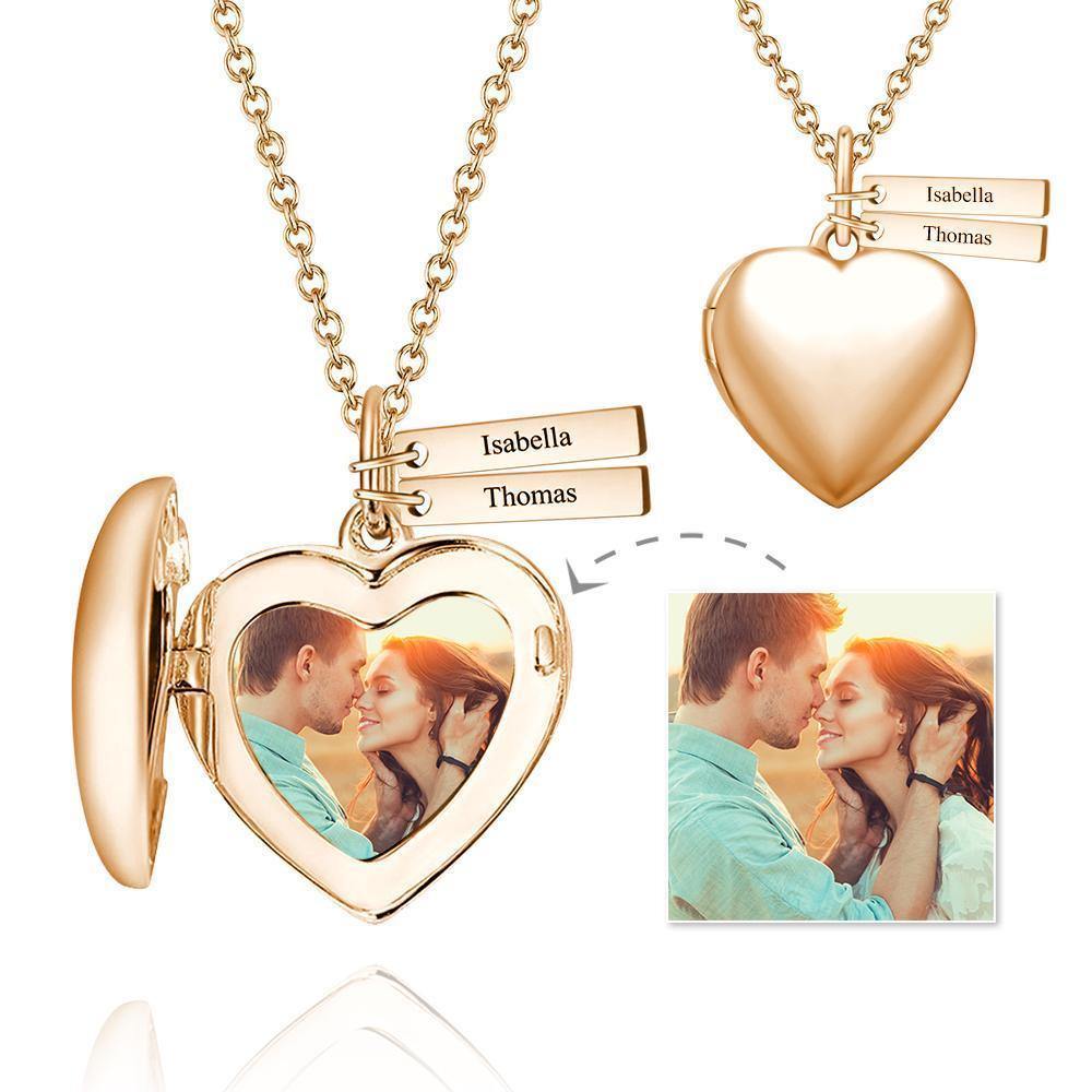 Heart Photo Locket Necklace with Two Engraved Bars Rose Gold Plated - soufeelus