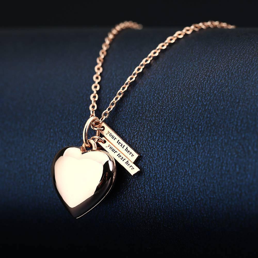 Heart Photo Locket Necklace with Two Engraved Bars Rose Gold Plated - soufeelus