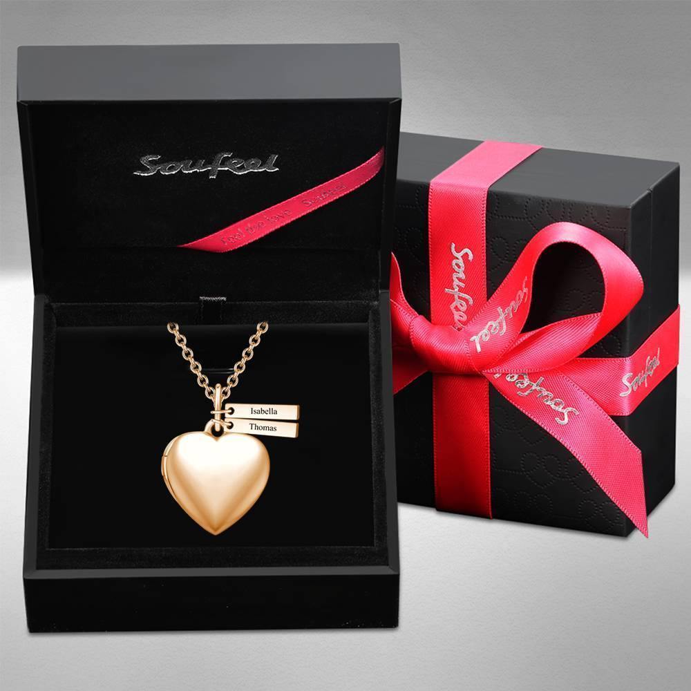 Heart Photo Locket Necklace with Two Engraved Bars Rose Gold Plated - soufeelus