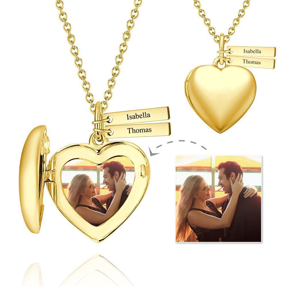 Heart Photo Locket Necklace with Two Engraved Bars Rose Gold Plated - soufeelus