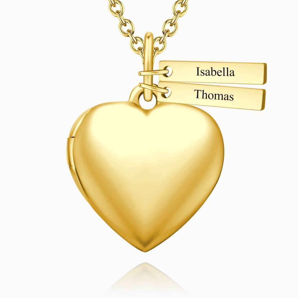 Heart Photo Locket Necklace with Two Engraved Bars 14k Gold Plated - soufeelus