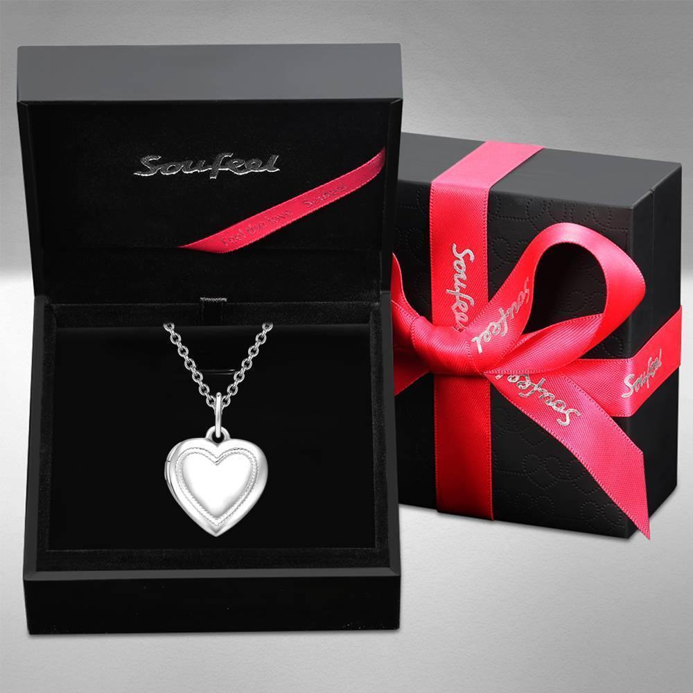 Heart Printing Photo Locket Necklace with Engraving Platinum Plated - soufeelus