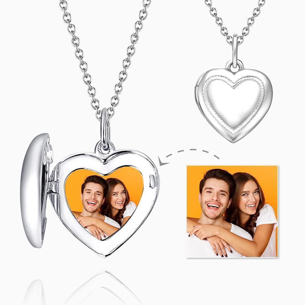 Heart Printing Photo Locket Necklace with Engraving Platinum Plated - soufeelus