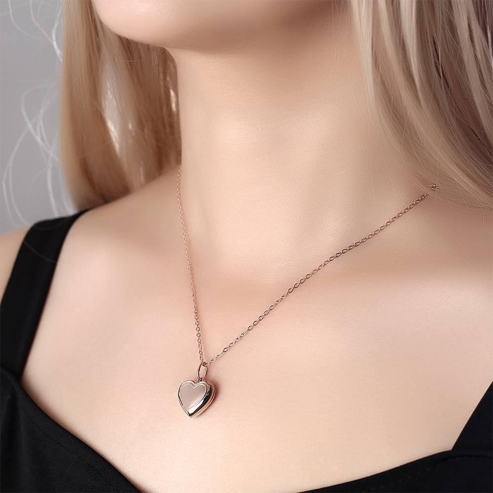 Heart Printing Photo Locket Necklace with Engraving Rose Gold Plated - soufeelus