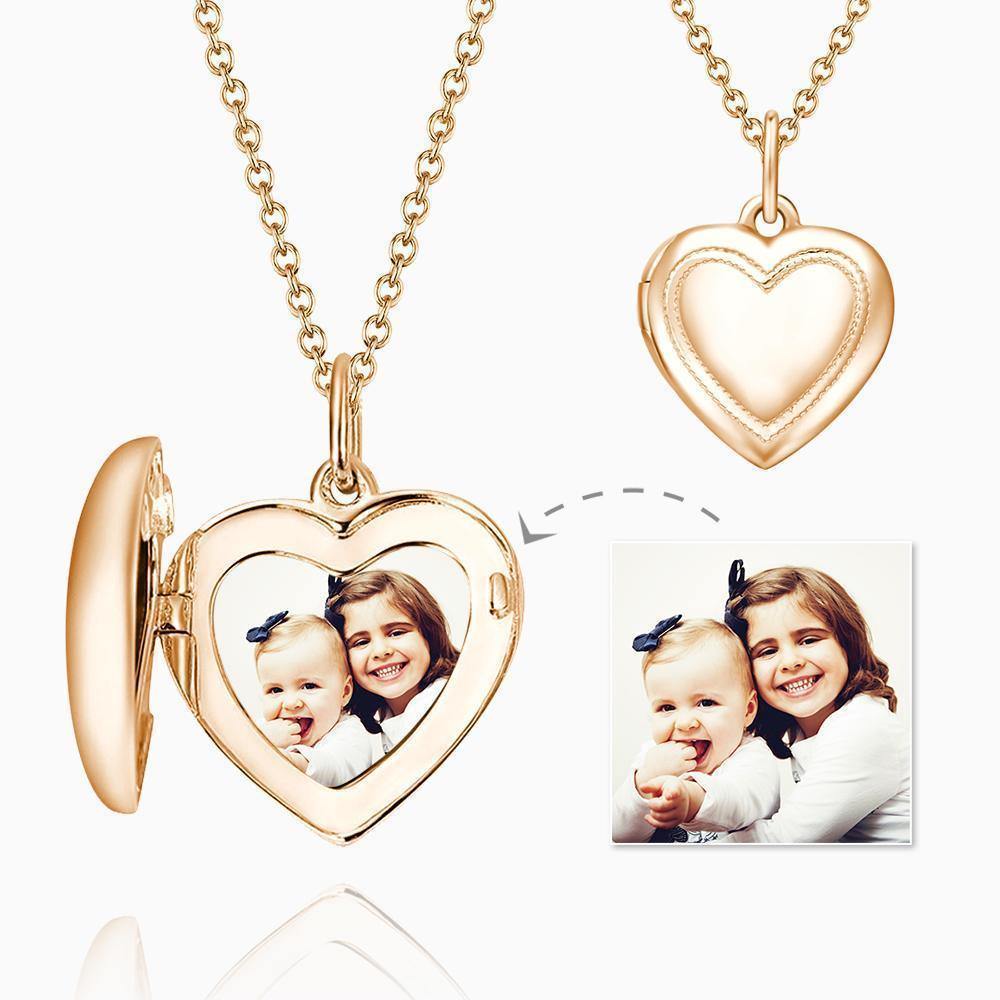 Heart Printing Photo Locket Necklace with Engraving Rose Gold Plated - soufeelus