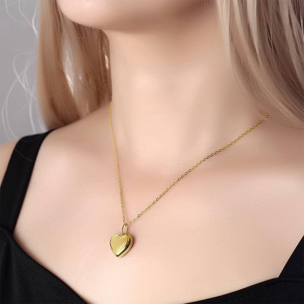 Heart Printing Photo Locket Necklace with Engraving 14k Gold Plated - soufeelus