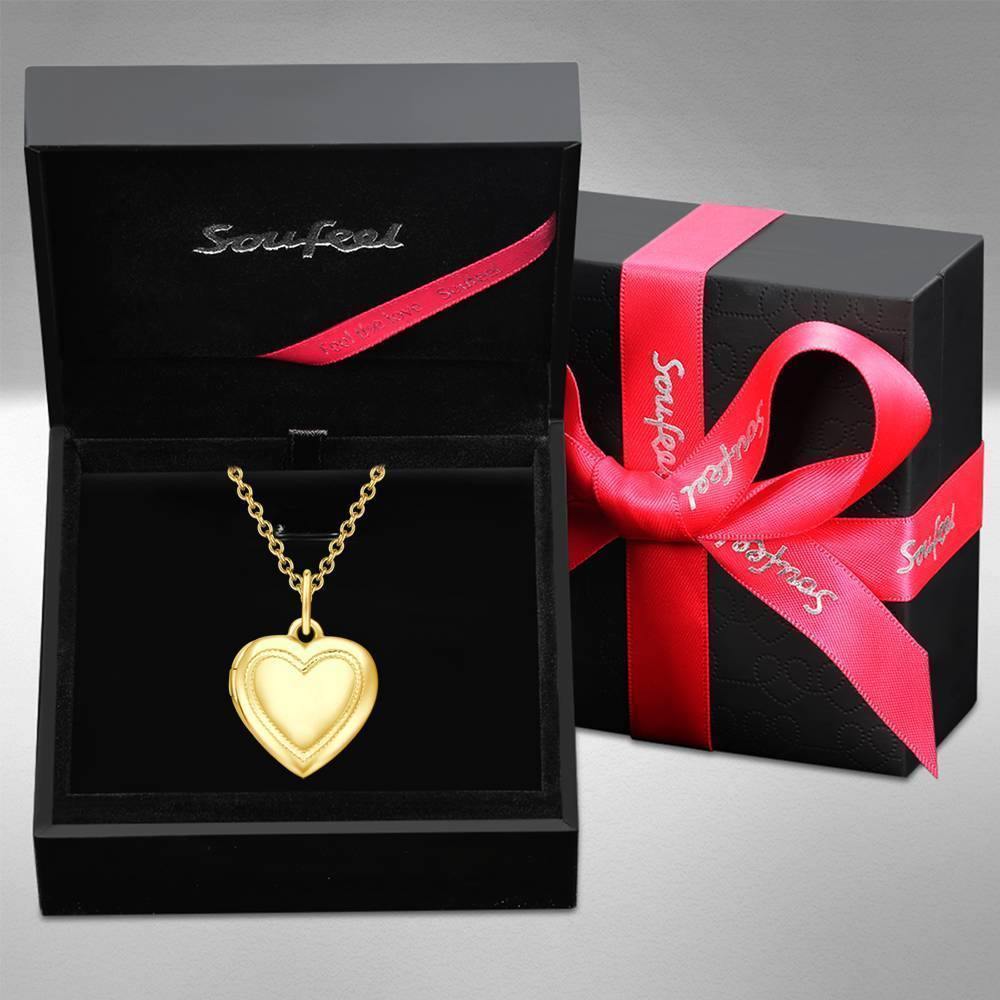 Heart Printing Photo Locket Necklace with Engraving 14k Gold Plated - soufeelus