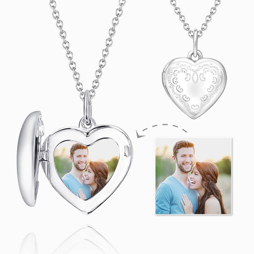 Embossed Printing Heart Photo Locket Necklace With Engraving Platinum Plated