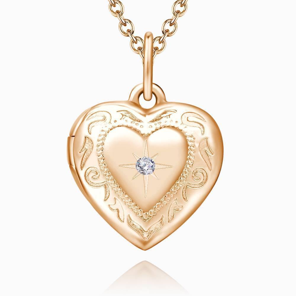 Embossed Printing Heart Photo Locket Necklace Rose Gold Plated