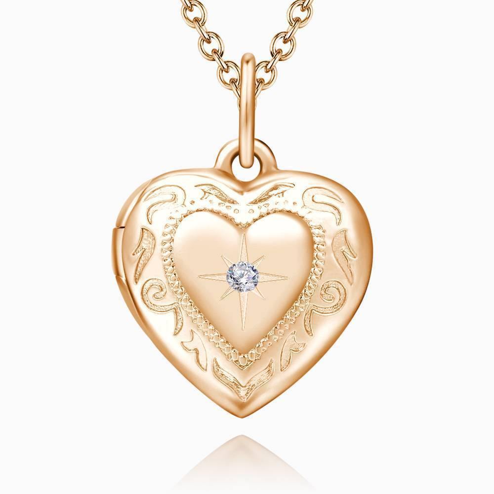 Embossed Printing Heart Photo Locket Necklace Rose Gold Plated